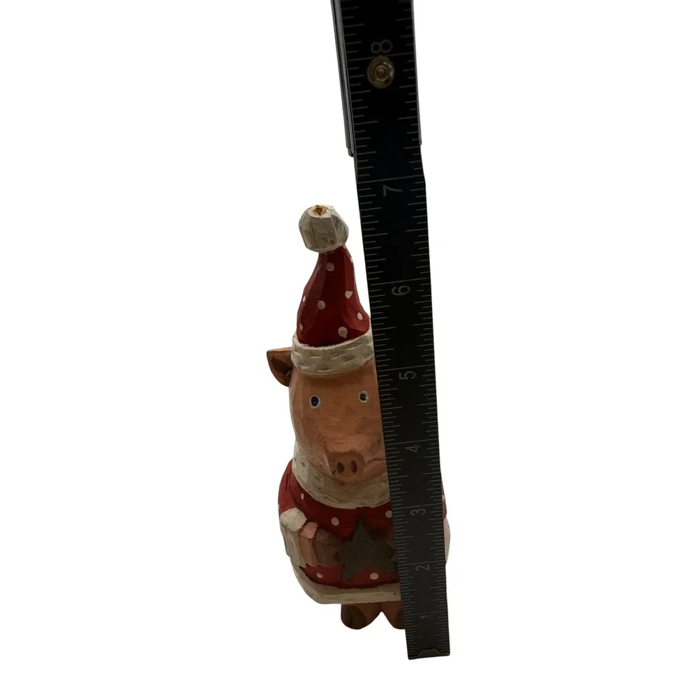 Vintage Style Hand Carved Wood Christmas Pig Figurines Santa Suit Set of 2